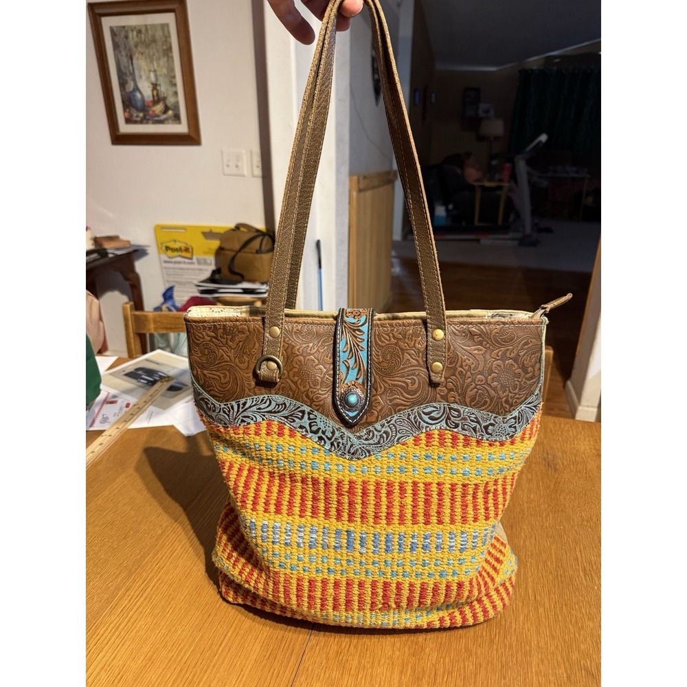 Myra Bag Western Boho Tote Embossed Leather Canvas Woven Turquoise 14x15x5